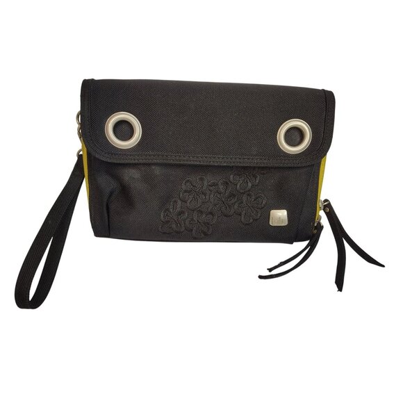 Haiku Large Wristlet Bag, Black, Embroidered Flower, Green Lining, Eco-Friendly - Picture 2 of 6